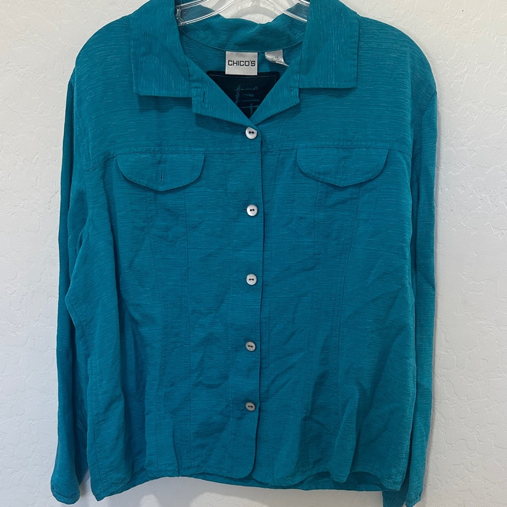Chico's Vibrant Blue Button-Up Blouse women’s SZ 3 (XL) shirt jacket silk linen‎
